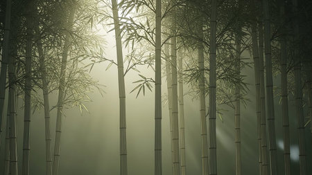 Forest showing bamboo forest with sunbeams through fog. High resolution image suitable for commercial use.の素材