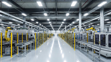 The interior of a modern, brightly lit factory showcases an automated assembly line with robotic arms and conveyor belts.の素材