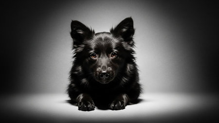 A black, fluffy dog with alert eyes is posed in a studio setting against a dark, gradient background.の素材