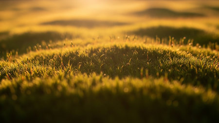 A close-up view of lush green grass covered in dew drops, bathed in the warm, golden light of the sun, creating a soft bokeh effect.の素材