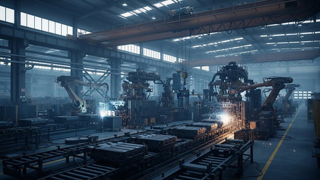 Industrial factory interior with multiple robotic arms working on an assembly line, sparks flying from welding.の素材