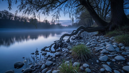 A misty river flows gently beside a rocky shore with exposed tree roots. The sky is a deep blue, reflecting in the water.の素材