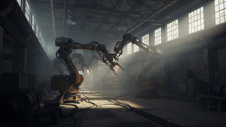 Robotic arms with welding torches emit sparks in a dimly lit, atmospheric industrial factory setting with large windows casting light beams.の素材