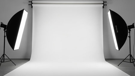 A professional photography studio setup featuring a large white seamless backdrop, two softbox lights on stands, and a grey wall and floor.の素材