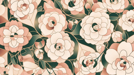 A seamless floral pattern featuring stylized camellia flowers in shades of pink and cream with dark green leaves and gold outlines.の素材