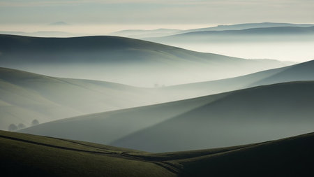 Rolling green hills are softened by morning mist, with layers of light and shadow creating a serene and tranquil landscape vista.の素材