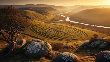 Rolling hills at sunset feature intricate crop circle designs and ancient symbols carved into the earth, with a winding river in the valley below.の素材