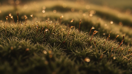 A close-up macro photograph of vibrant green moss. Numerous tiny dew drops glisten on the moss and its delicate spore-bearing structures, catching the warm, golden sunlight. The background is softly blurred with beautiful bokeh lights, creating a serene and intimate view of the micro-world.の素材