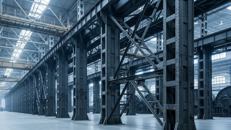 The interior of a vast industrial warehouse, characterized by towering steel beams and a high ceiling with natural light filtering in.の素材