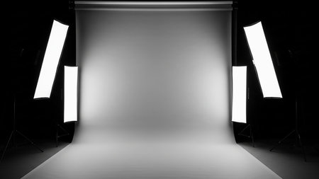 A professional photography studio with a large seamless white backdrop illuminated by multiple softbox lights, set against a dark background.の素材