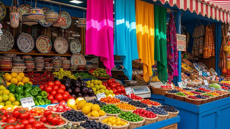 A vibrant outdoor market stall displays a wide variety of fresh fruits and vegetables, along with colorful textiles and decorative items.の素材