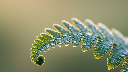 A detailed macro shot of a green fern frond covered in sparkling dew drops, with a soft, blurred bokeh background.の素材
