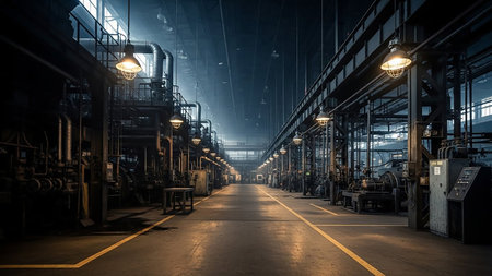 A long, dimly lit corridor of an industrial factory interior, lined with machinery, pipes, and overhead lighting.の素材