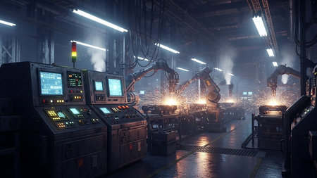 A dark, futuristic factory interior with robotic arms performing welding, creating sparks, and steam rising from machinery.の素材