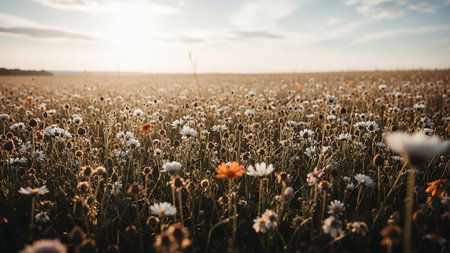 Stock showing field of wildflowers at sunset. High resolution image suitable for commercial use.の素材