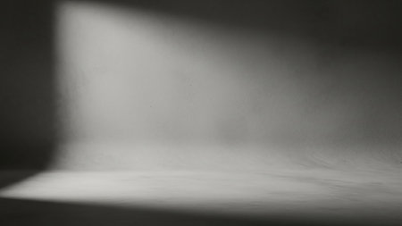 An empty studio space with a textured concrete wall and floor, illuminated by a dramatic spotlight creating strong shadows.の素材