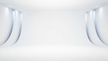 An empty white studio with a seamless curved wall and floor illuminated by soft spotlights creating a bright and clean backdrop.の素材