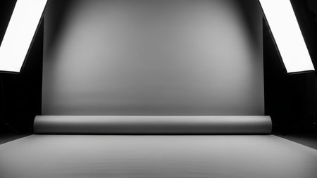 An empty photography studio with a seamless grey backdrop, illuminated by soft lighting from two overhead fixtures.の素材