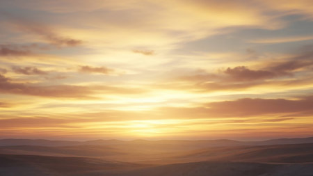 Vista showing golden sunset over rolling desert hills keywords: sunset, sunrise, sky, clouds, horizon, landscape, desert, hills, mountains, nature, twilight, dusk, dawn, evening,...の素材