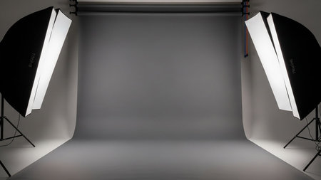 An empty photography studio features a grey seamless backdrop with two large softbox lights positioned on either side, ready for a shoot.の素材