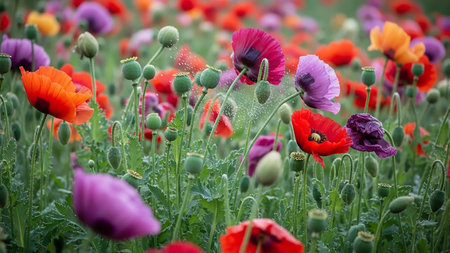 Colorful showing field of colorful poppies in bloom. High resolution image suitable for commercial use.の素材
