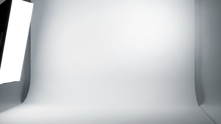An empty photography studio with a seamless white background and a softbox light on the left side.の素材
