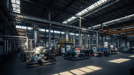 Interior view of a large industrial factory filled with complex machinery, pipes, and equipment under a high ceiling with natural light.の素材