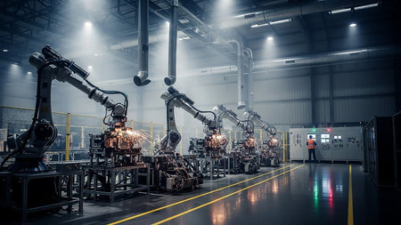 Robotic arms operate on an assembly line in a dimly lit factory, producing sparks as they work, with a worker overseeing the process near a control panel.の素材