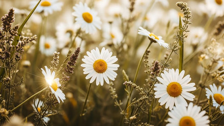 A close-up view of white daisies blooming in a sun-drenched meadow during golden hour, with soft bokeh and sun flares.の素材