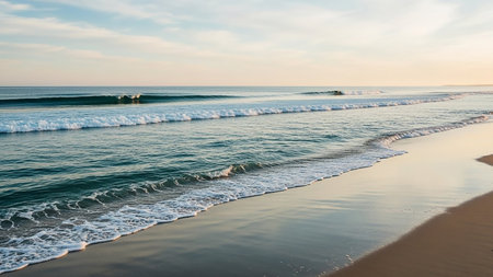Gentle ocean waves lap onto a sandy beach during sunset, with soft light reflecting on the wet sand and the calm sea.の素材