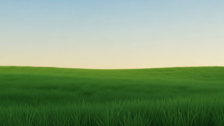 A vast expanse of vibrant green grass rolls across the landscape under a soft gradient sky transitioning from pale blue to a warm yellow hue.の素材