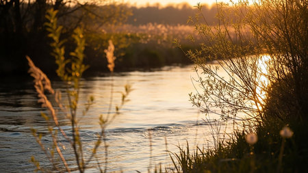 A gentle river flows through reeds and grass during the golden hour of sunset. The warm sunlight reflects on the water's surface.の素材