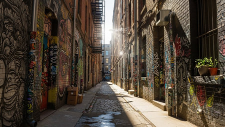 A narrow urban alleyway with brick walls covered in colorful graffiti, leading towards a distant building under bright sunlight.の素材