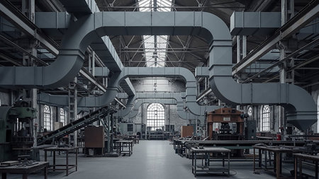 The interior of a vast industrial factory with prominent large grey ventilation ducts, exposed metal beams, and windows, showcasing a utilitarian and raw architectural style.の素材