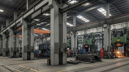 Stock showing industrial factory interior with machinery and sparks. High resolution image suitable for commercial use.の素材