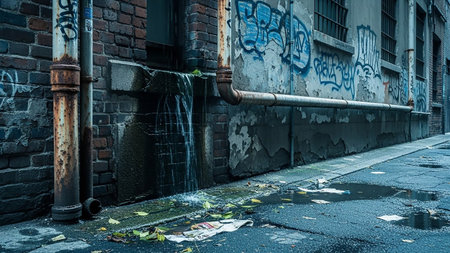 A dark, grungy urban alley with graffiti-covered brick walls, rusty pipes, and water dripping into puddles on the wet asphalt.の素材