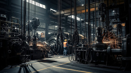 Inside a dark industrial factory, sparks fly from heavy machinery as a worker in a safety vest operates equipment.の素材