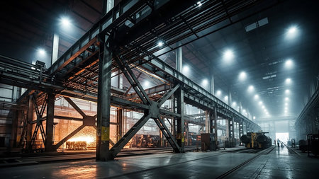 Interior of a large industrial factory with massive steel beams, pipes, and overhead lighting. Sparks fly in the background, suggesting active manufacturing.の素材