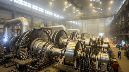 The interior of a large industrial power plant showcases rows of massive turbines and generators, with sparks flying from ongoing work and workers present.の素材