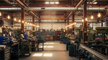 A spacious industrial workshop filled with various machines, tools, workbenches, and overhead lighting, showcasing a busy manufacturing environment.の素材