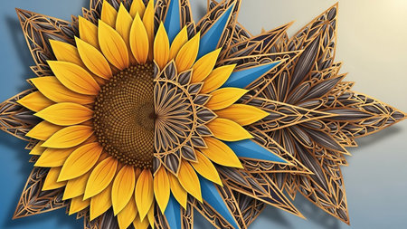 An intricately layered, geometric mandala design featuring a stylized sunflower with yellow petals and blue accents, set against a gradient blue background.の素材
