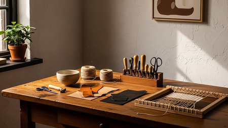A wooden table displays leatherworking tools, leather scraps, spools of twine, a small loom, and a potted plant, bathed in natural light.の素材