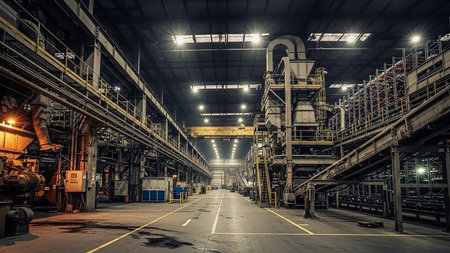 The interior of a vast, dimly lit industrial factory with rows of large machinery, pipes, and overhead lighting.の素材