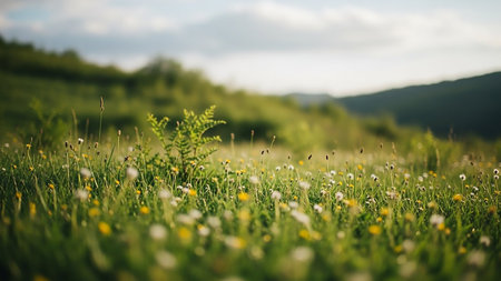 A sun-drenched meadow filled with green grass and small white and yellow wildflowers, with rolling hills in the background under a cloudy sky.の素材