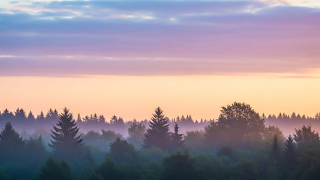 A misty forest landscape at sunrise with a pastel colored sky. Silhouetted trees are shrouded in fog, creating a serene and atmospheric scene.の素材