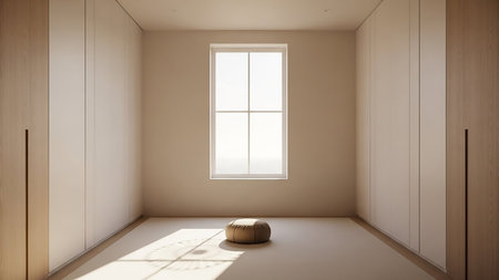 A minimalist room with smooth, light-colored walls, a large window letting in bright sunlight, and a single round pouf on the floor. Shadows cast intricate patterns from the window.の素材