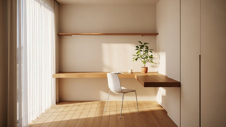 A minimalist home office features a sleek wooden desk with a potted plant and a white chair, illuminated by natural light from a large window.の素材