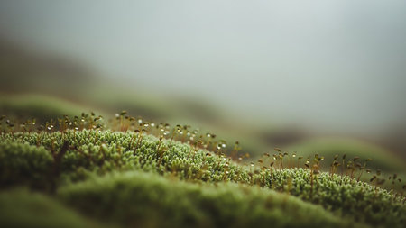 A close-up, macro photograph of lush green moss covered in tiny dew drops, with a soft, misty background.の素材