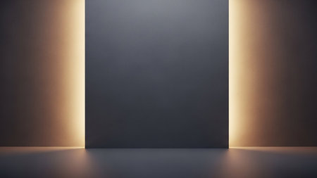 A minimalist studio space with a dark gray central wall illuminated by warm, soft light from the sides, casting subtle shadows on the floor.の素材