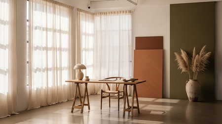 A bright, airy studio space with sheer curtains, a wooden desk and chair, a lamp, and decorative panels. Pampas grass in a vase adds a natural touch.の素材